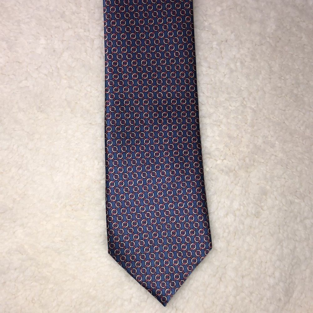Black Brown 1826 Blue Red White Link Print 100% Silk Designer Tie